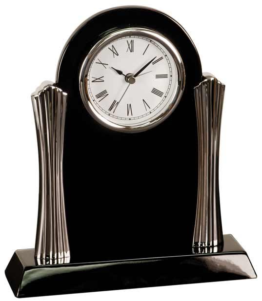Black Piano Finish Mantel Desk Clock with Silver Columns