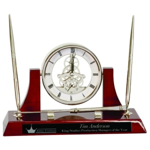Executive Silver/Rosewood Piano Finish Clock w/2 Pens/Letter Opener